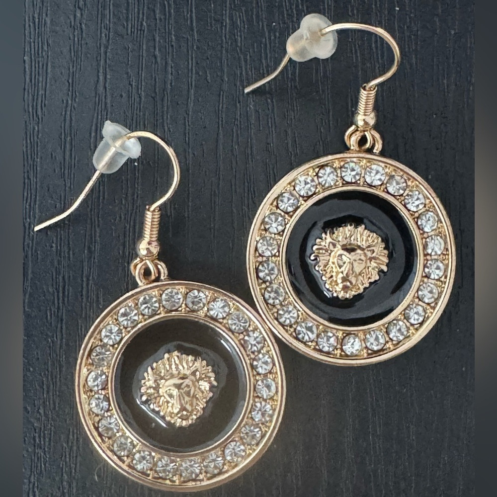 Gold and Black Lion Medallion Earrings
